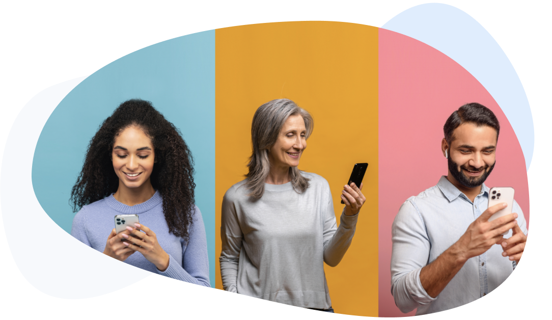 Three people of various ages on colorful backgrounds use smartphones, illustrating patient accessibility.