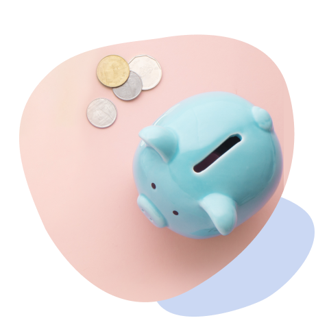 Blue piggy bank and coins on a pink background represent reduced operating costs.