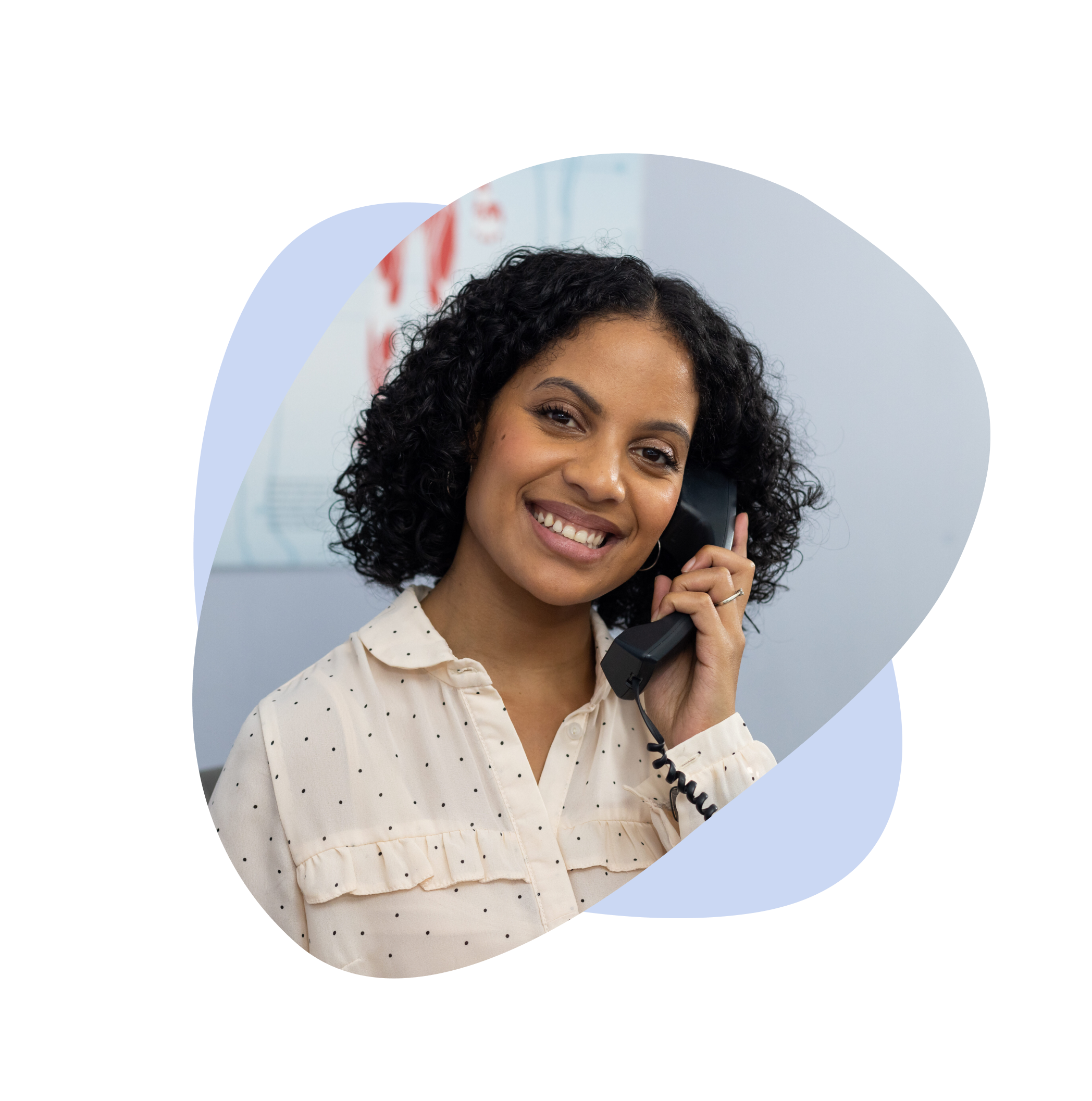 Smiling woman talks on the phone, illustrating reduced staff burnout.