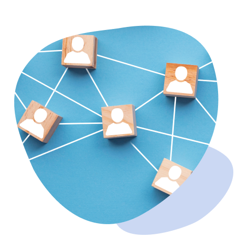 Wooden blocks with people icons connected by lines on a blue background symbolize scalability.