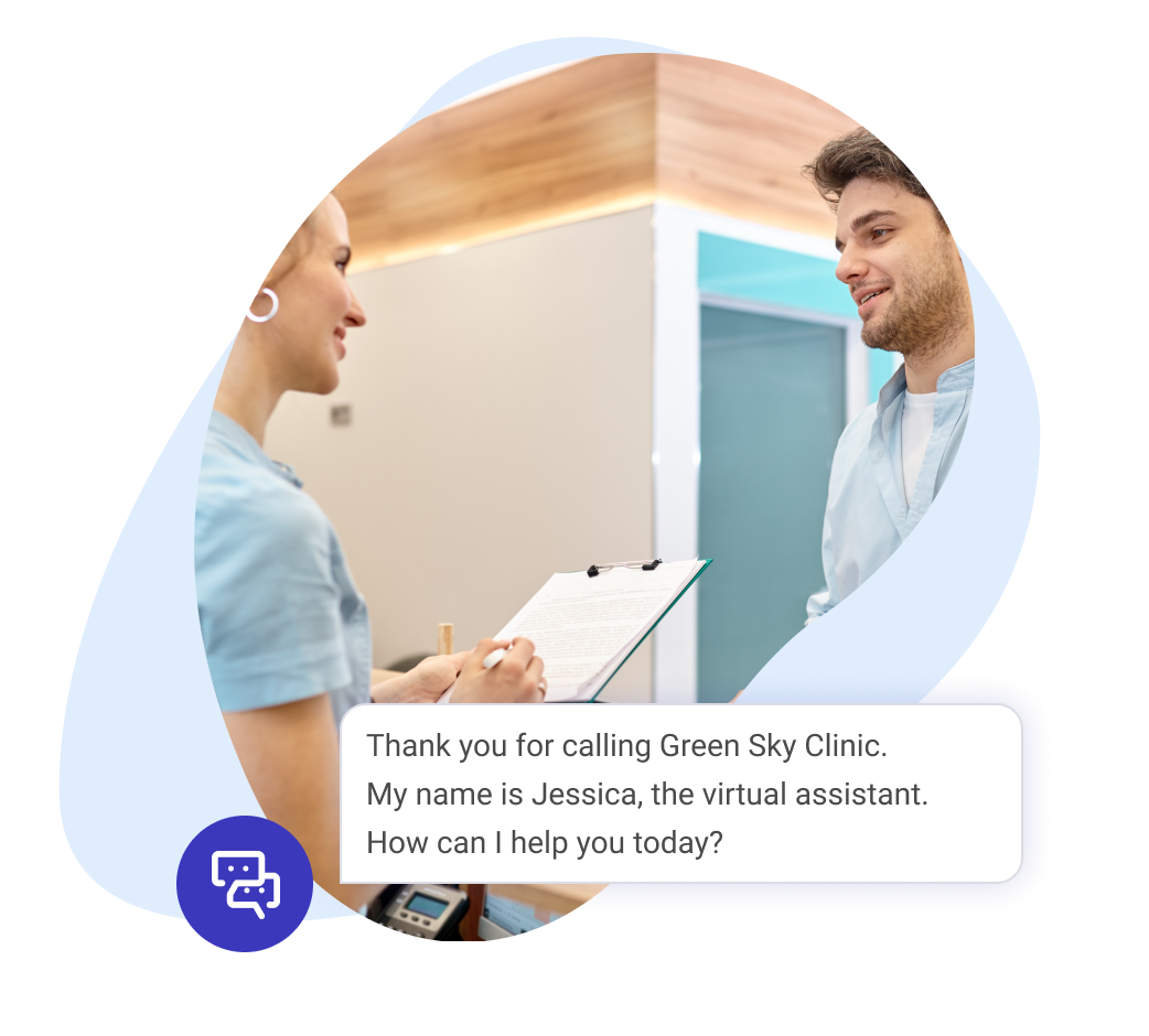 Front desk staff hands a form to a patient; a visit schedule is visible on the computer screen.