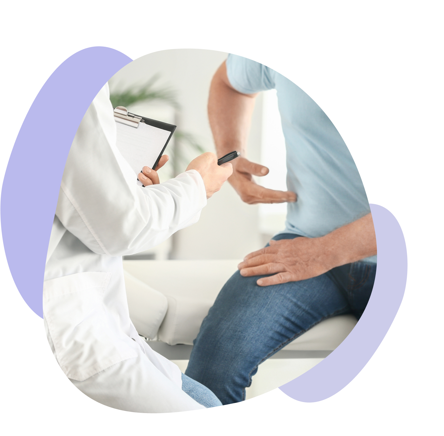 Urologist consults with a male patient pointing to his lower back.