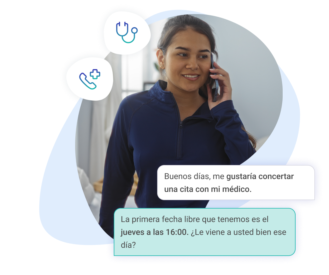 Woman speaks on the phone in Spanish; icons of a phone and stethoscope appear beside her, along with Spanish-language scheduling chat bubbles.