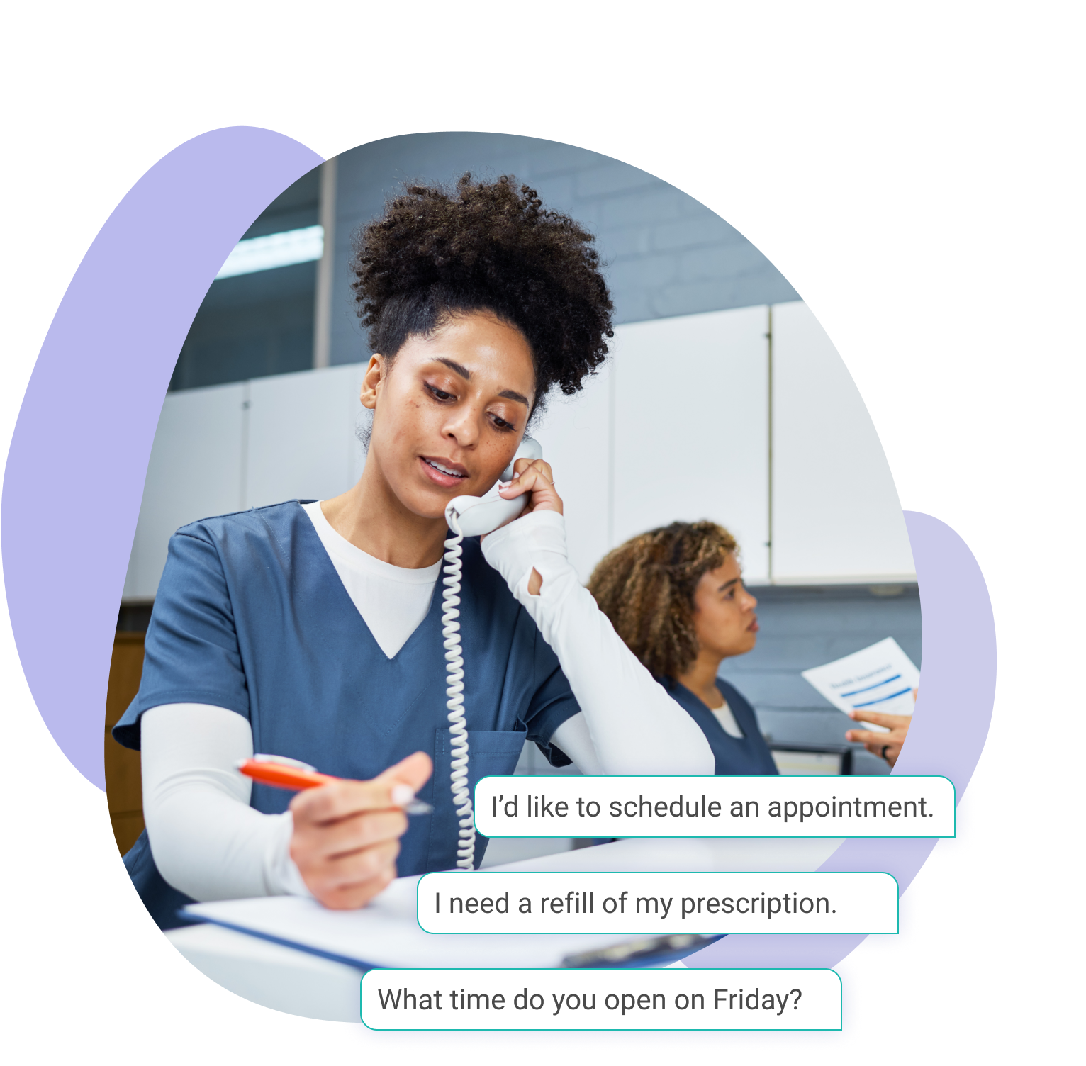 Nurse talks on the phone while conversation bubbles appear beside her.