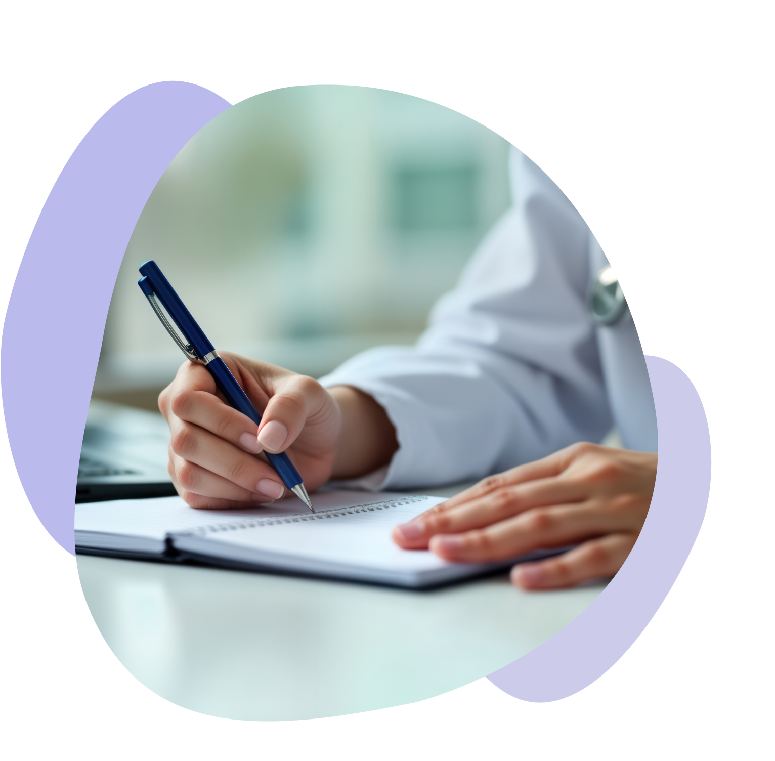 Hands of a doctor in a white coat write in a paper notebook, illustrating waitlist management.