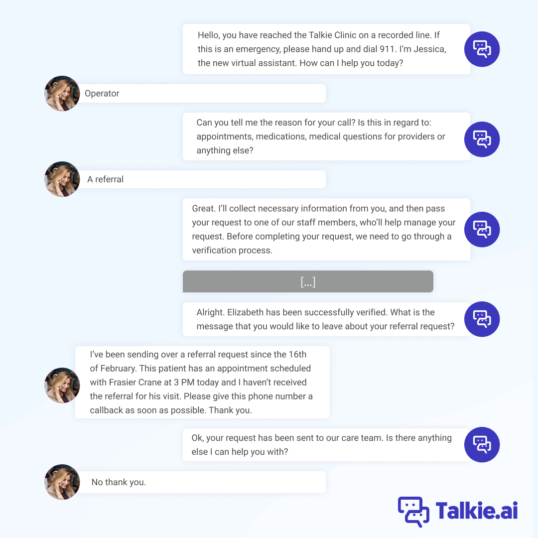 Anonymized conversation between a patient and Talkie.ai's virtual assistant Jessica, where the patient asks for an operator but the AI gathers the reason for the call and successfully captures a referral request without transferring to a human.