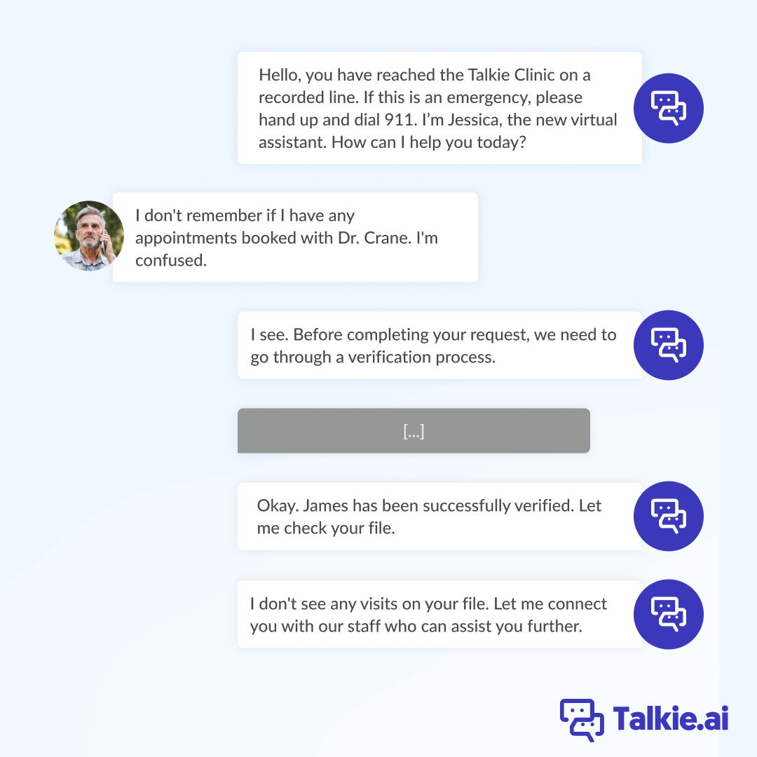 Anonymized conversation between a patient and Talkie.ai's virtual assistant Jessica, where the patient is unsure whether they have an appointment booked. After verifying the patient and finding no visits on file, the AI transfers the call to staff.