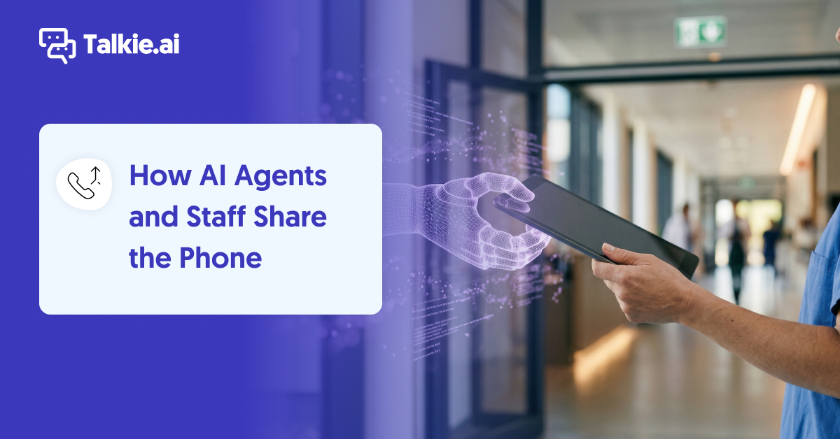 Talkie.ai blog header graphic for the article "AI-to-Human Handoff, Explained: How AI Agents and Staff Share the Phone," showing a healthcare professional holding a tablet with a holographic AI hand reaching out, symbolizing the collaboration between AI and human staff at a medical practice.