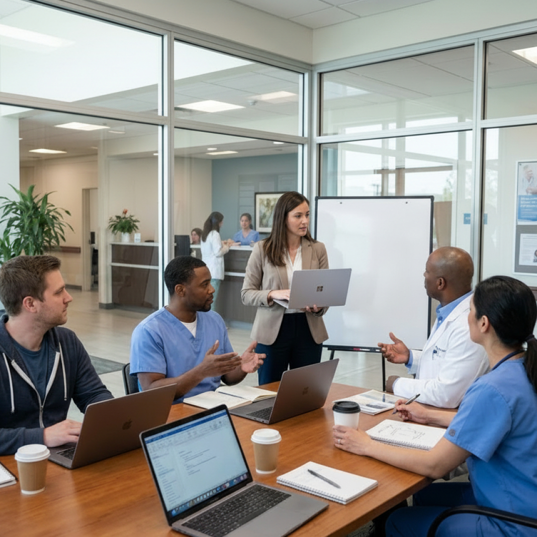 Talkie.ai team collaborating with client in hospital's conference room