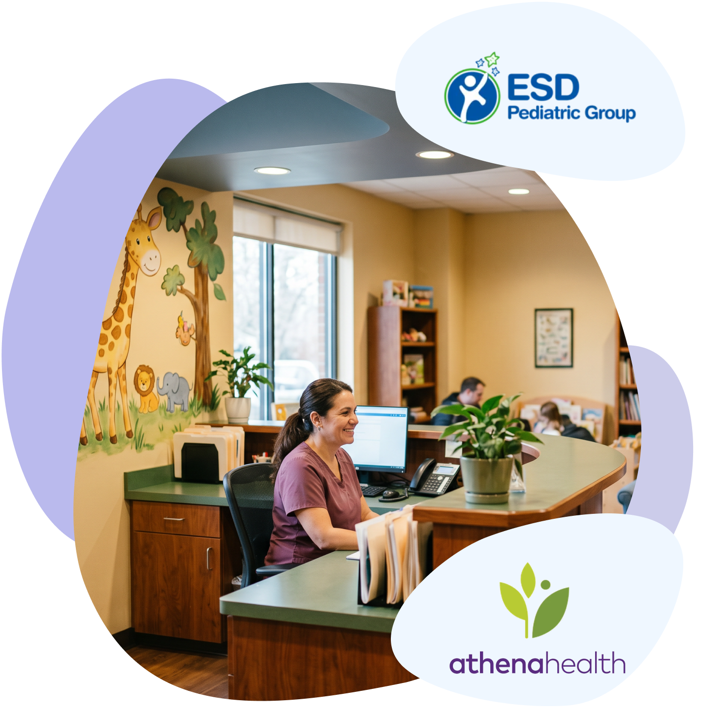 Front desk receptionist at ESD Pediatric Group, a pediatric practice using athenahealth EHR and Talkie AI voice agent for patient recall