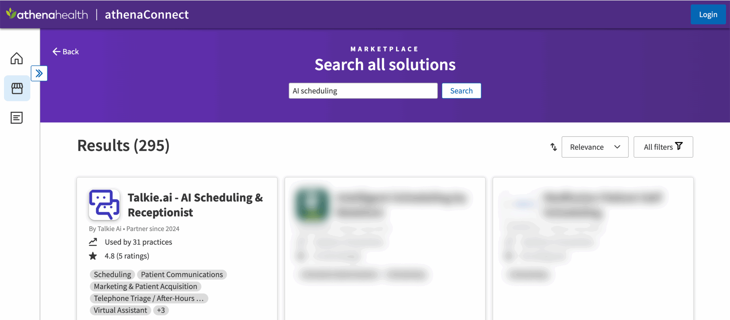 athenahealth Marketplace search for "AI scheduling" showing Talkie.ai as the top-ranked solution.