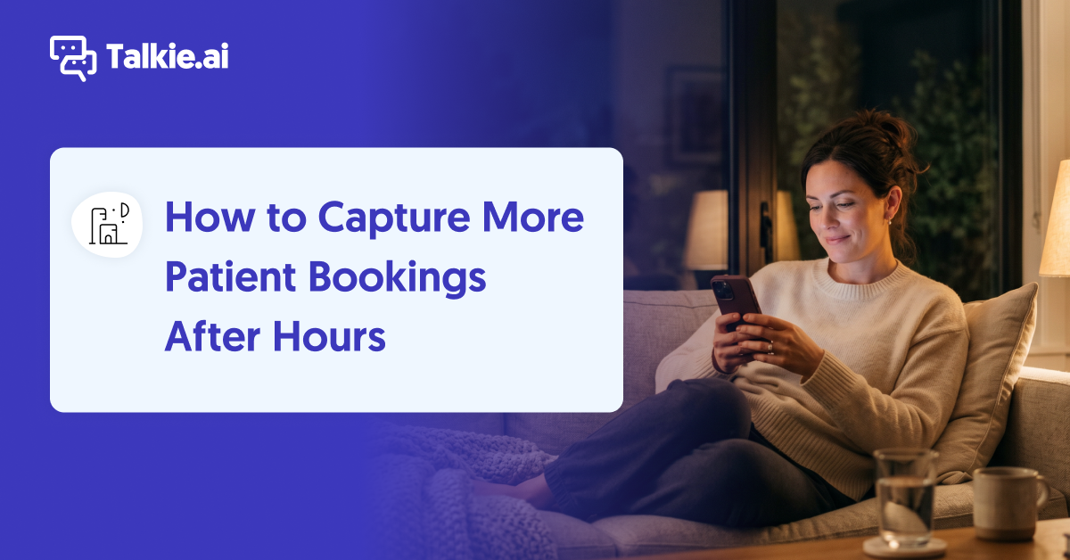 'How to Capture More Patient Bookings After Hours' – Talkie.ai article cover showing a woman relaxing on a couch in the evening, using her smartphone.