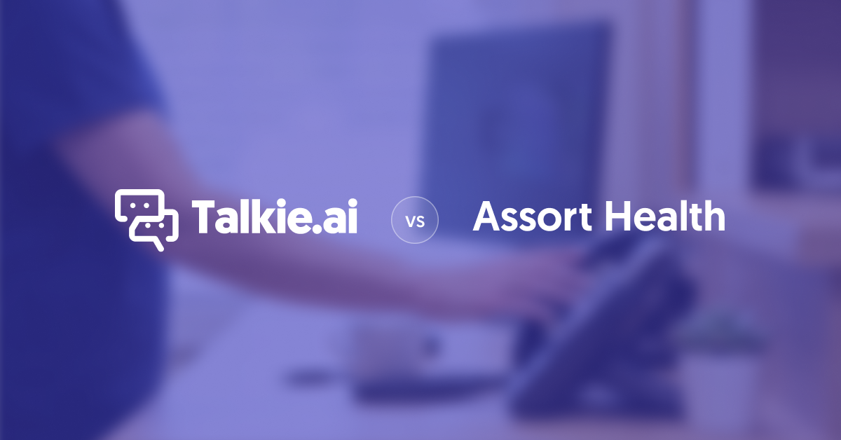 Talkie.ai vs Assort Health comparison banner, with both brand names over a clinic desk and phone