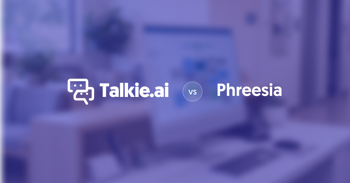 Talkie.ai vs Phreesia comparison banner, with both brand names over a blurred office desk and computer